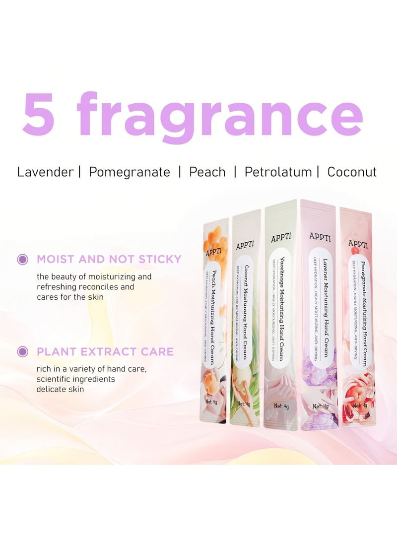 80Pcs Moisturizing Hand Cream Relieves and Repairs Hand Lotion Travel Size Hand Cream 5 Variety Fragrance Vacelinage Peach Lavender Pomegranate and Coconut Hand Cream Sachets