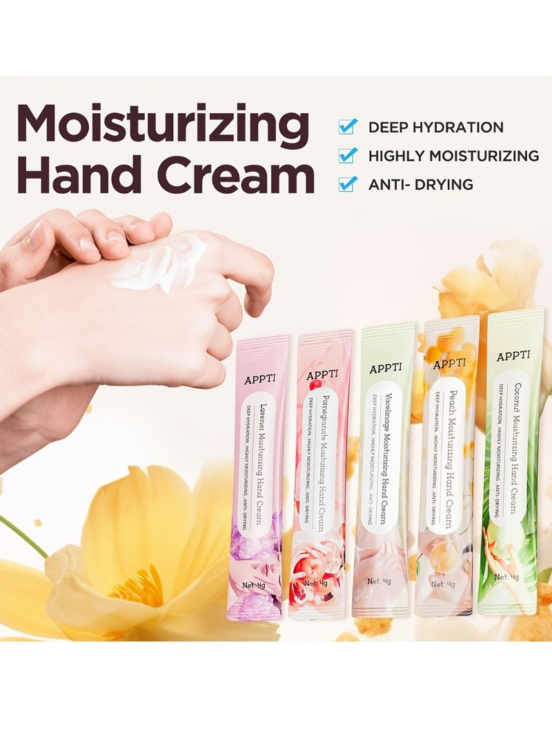 80Pcs Moisturizing Hand Cream Relieves and Repairs Hand Lotion Travel Size Hand Cream 5 Variety Fragrance Vacelinage Peach Lavender Pomegranate and Coconut Hand Cream Sachets