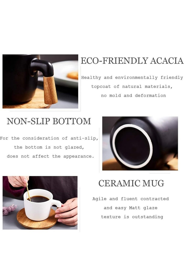 Coffee Mug Tea Cup Ceramic with Wood Saucers, 10.5 Oz Matte Latte Mug Cups Birthday Gift for Men Women (Black)