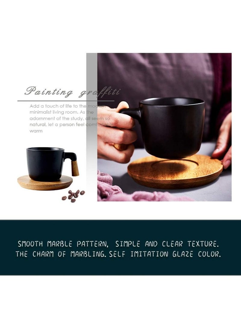 Coffee Mug Tea Cup Ceramic with Wood Saucers, 10.5 Oz Matte Latte Mug Cups Birthday Gift for Men Women (Black)