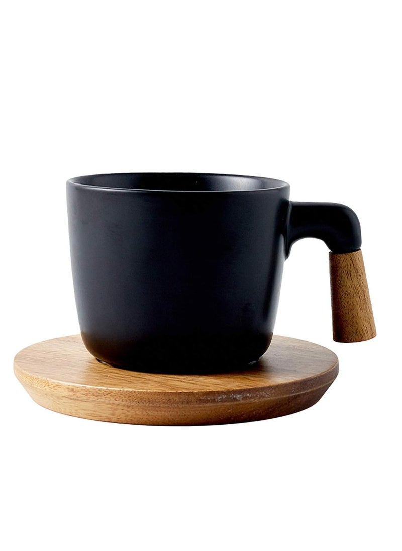 Coffee Mug Tea Cup Ceramic with Wood Saucers, 10.5 Oz Matte Latte Mug Cups Birthday Gift for Men Women (Black)