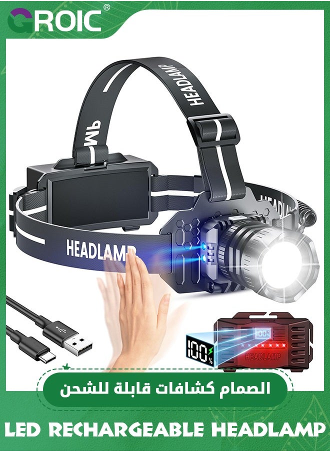 LED Rechargeable Headlamp, 150000LM Head Lamp Super Bright with 9 Modes & IPX6 Waterproof Zoomable Head Lights for Forehead, 90° Adjustable Headlamps for Camping Hiking Hunting Fishing Car Repair