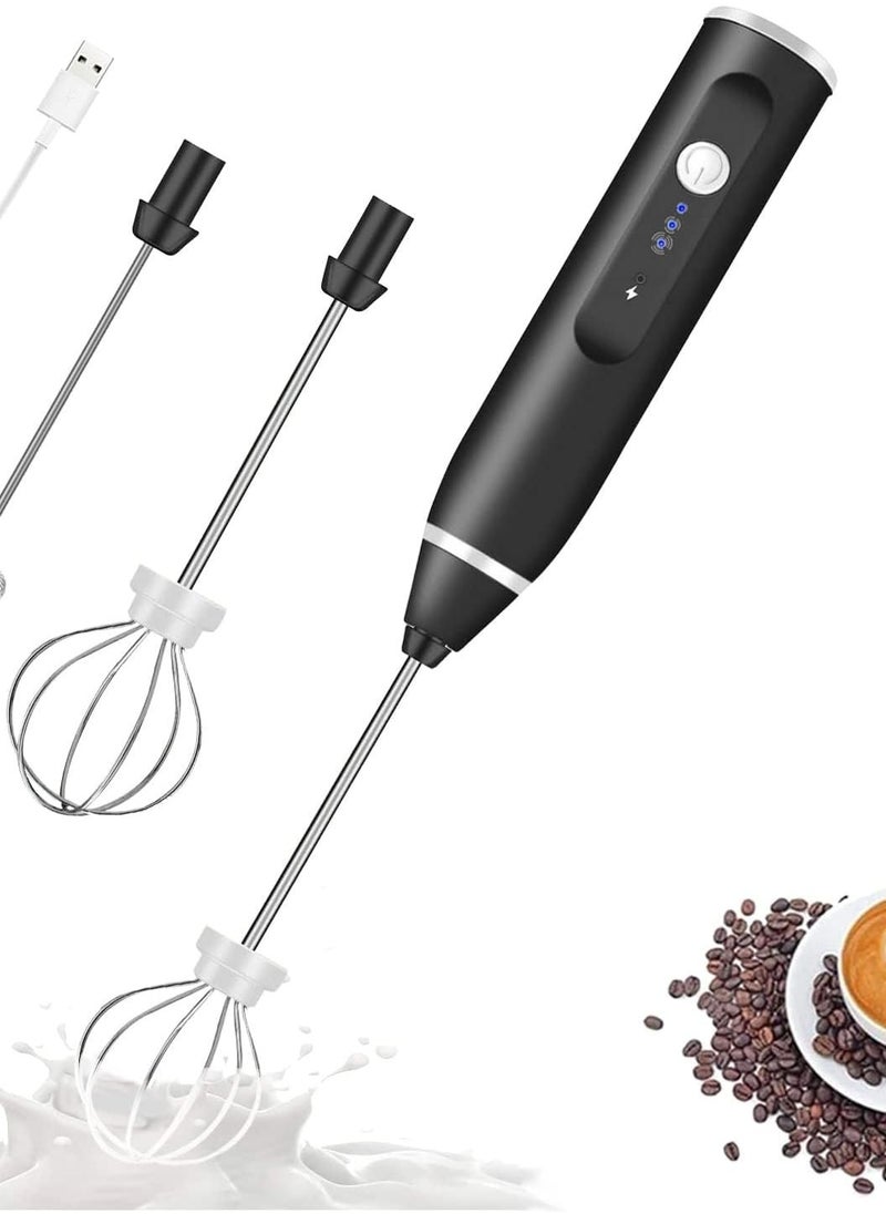 Portable Milk Frother – Handheld USB Rechargeable Foam Maker with 3-Speed Adjustment, 2 Stainless Whisks for Lattes, Cappuccinos, and Eggs