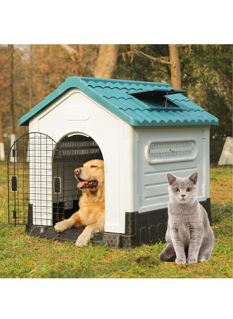 Dog House with Iron Gate Outdoor Plastic Dog House Water Resistant Pet House with Adjustable Skylight and Elevated Base for Small Dogs 68*57*66cm