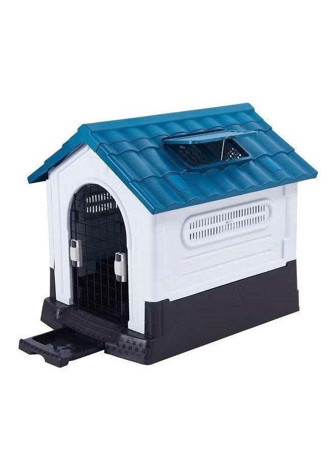 Dog House with Iron Gate Outdoor Plastic Dog House Water Resistant Pet House with Adjustable Skylight and Elevated Base for Small Dogs 68*57*66cm