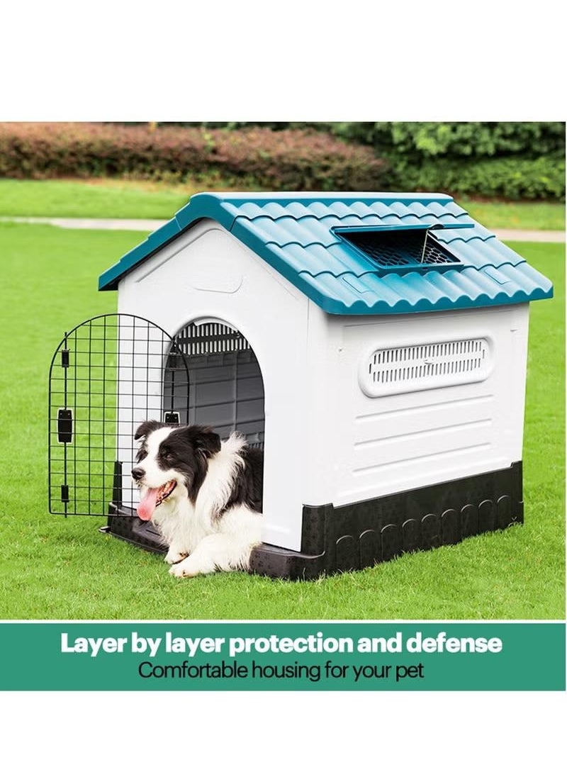 Dog House with Iron Gate Outdoor Plastic Dog House Water Resistant Pet House with Adjustable Skylight and Elevated Base for Small Dogs 68*57*66cm