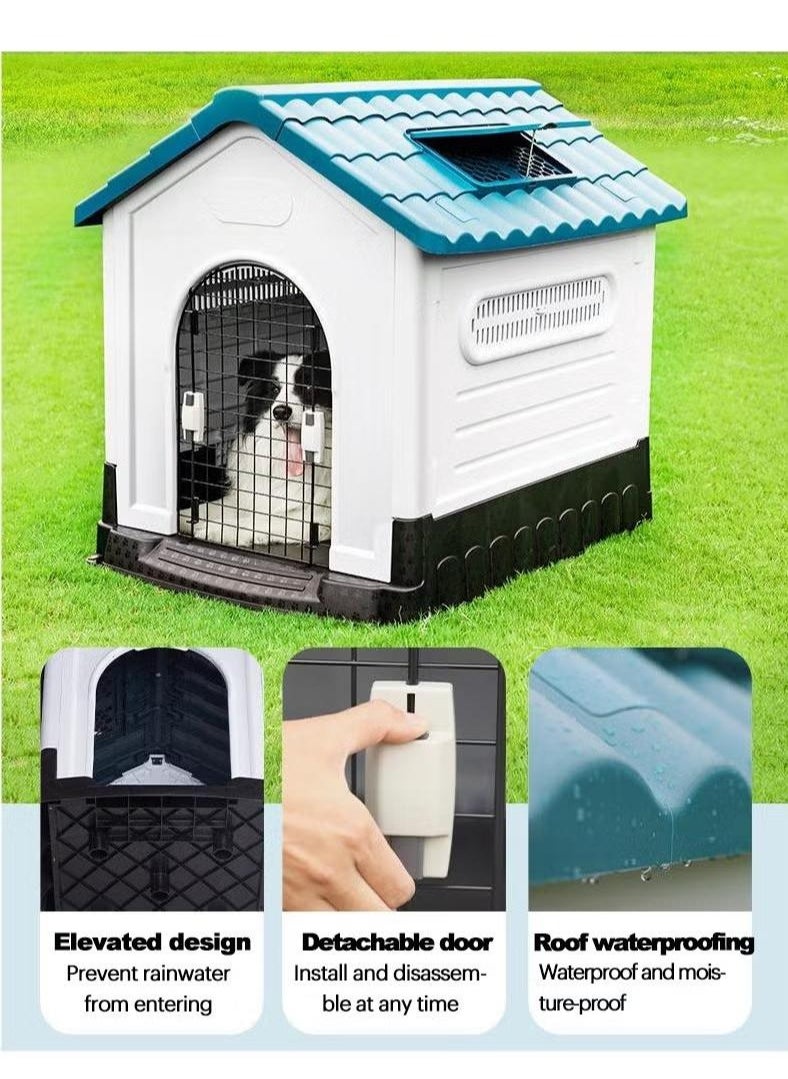 Dog House with Iron Gate Outdoor Plastic Dog House Water Resistant Pet House with Adjustable Skylight and Elevated Base for Small Dogs 68*57*66cm