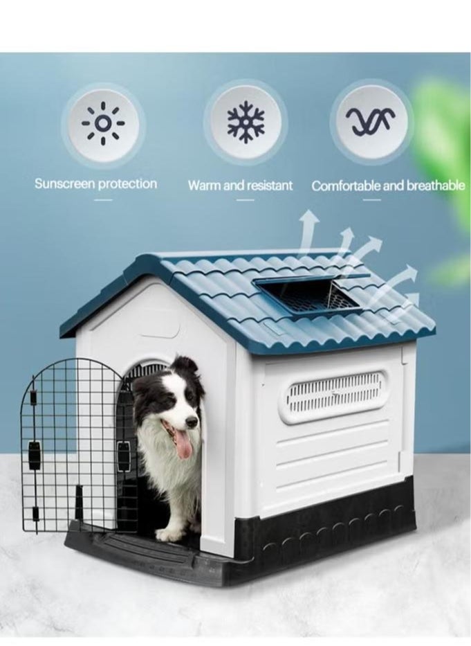 Dog House with Iron Gate Outdoor Plastic Dog House Water Resistant Pet House with Adjustable Skylight and Elevated Base for Small Dogs 68*57*66cm