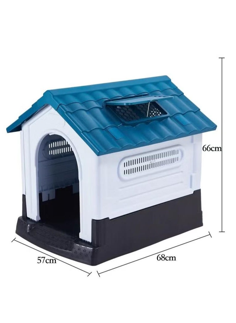 Dog House with Iron Gate Outdoor Plastic Dog House Water Resistant Pet House with Adjustable Skylight and Elevated Base for Small Dogs 68*57*66cm