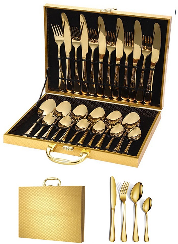 24 piece cutlery set stainless steel kitchen utensil set, gold gift box set suitable for family gatherings, kitchens, restaurants, hotels, picnics