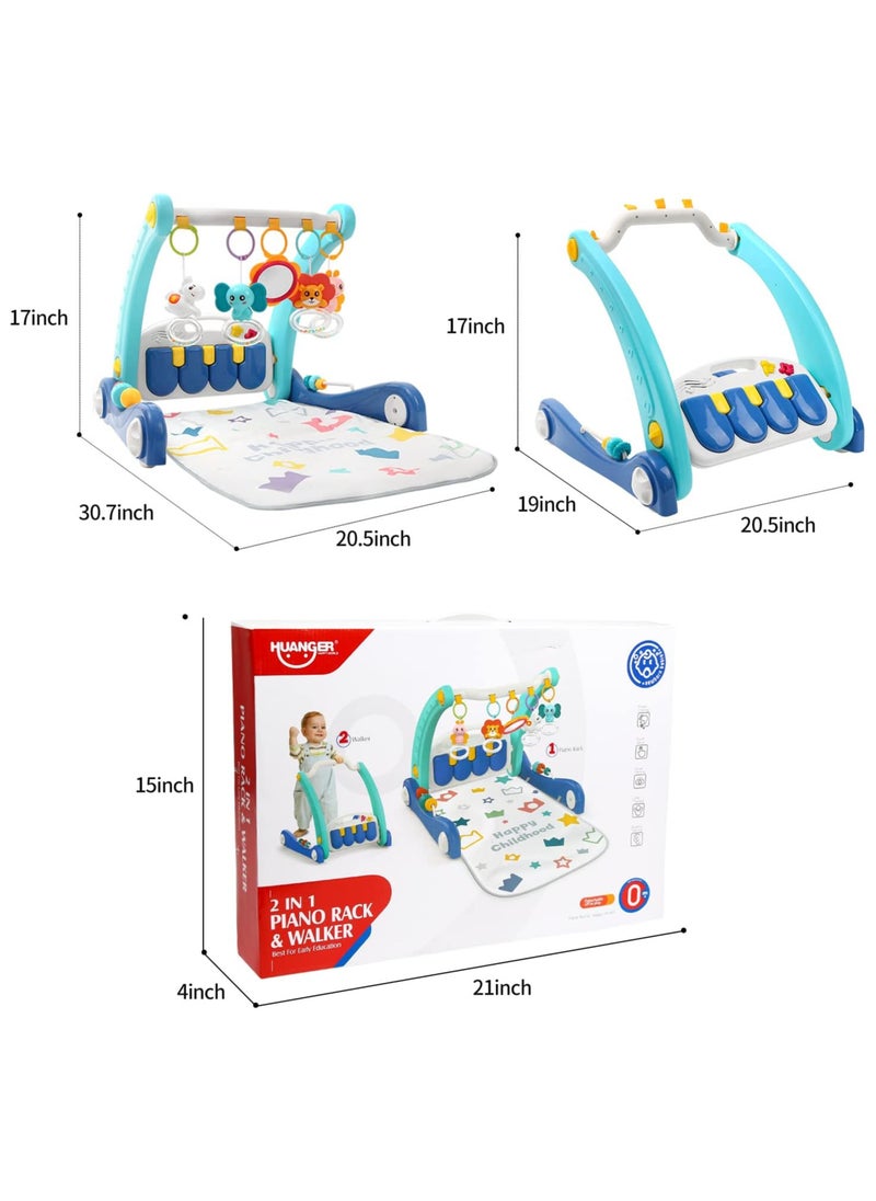 2 in 1 Baby Gym Play Mat & Sit-to-Stand Learning Walker,Kick &Play Piano Tummy Time Mat Toys with Mirror for Newborn Babies Toddlers Infants,Gift for 0-12 Month Baby Girls Boys Must Haves,Blue