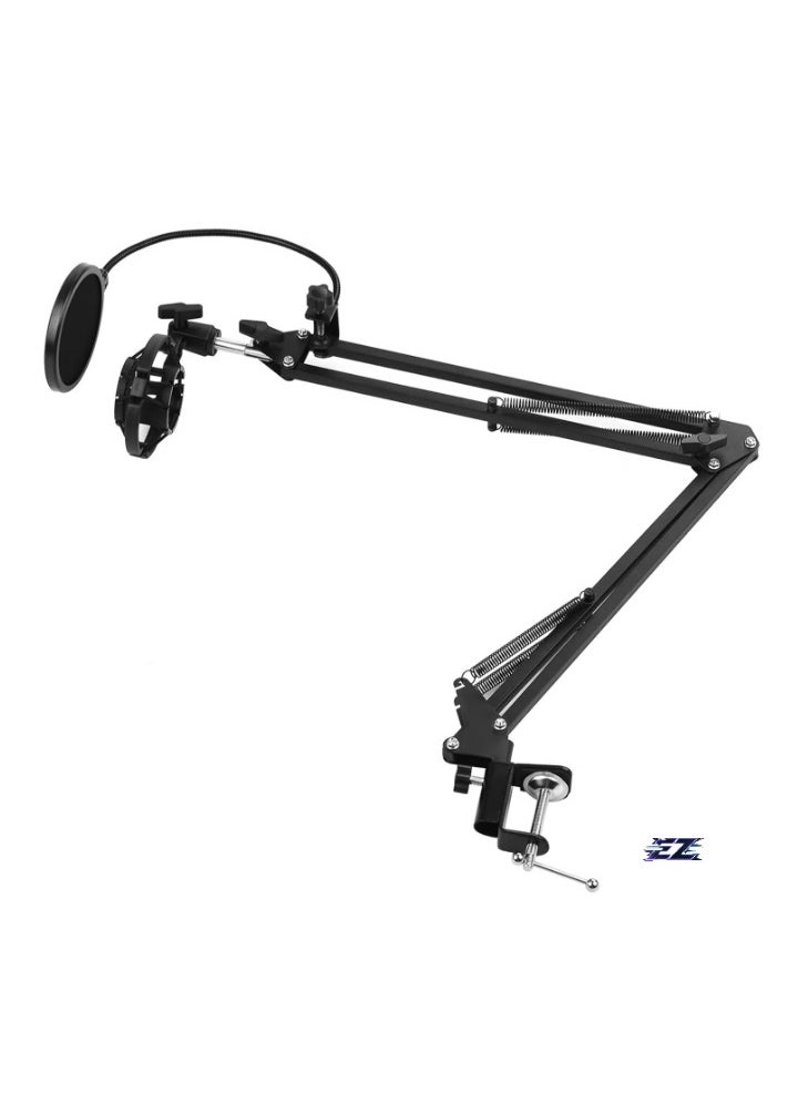 Adjustable Foldable Microphone Stand – Heavy Duty Metal Mic Arm Bracket with Shock Proof Holder, Windshield, and Pop Filter for Studio Recording, Live Video Broadcasting, and Online Singing