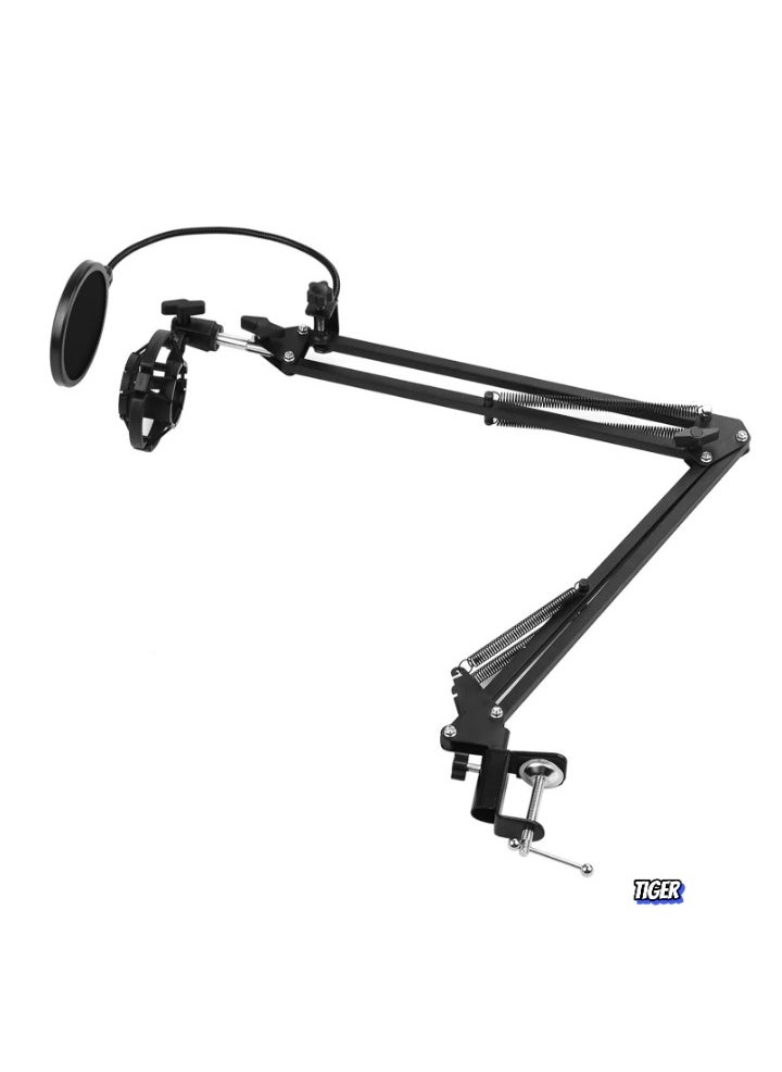 Adjustable Foldable Microphone Stand – Heavy Duty Metal Mic Arm Bracket with Shock Proof Holder, Windshield Pop Filter for Studio Recording, Live Video Broadcasting, and Online Singing