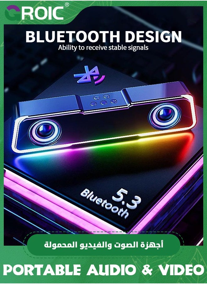 Black Portable Bluetooth Speakers,5.3 Colorful Lights Sound Wireless Bluetooth High Power Strip Long Dual Speaker with Subwoofer for Outdoor Home Video Desktop Speaker Bar TV Karaoke Party Sound