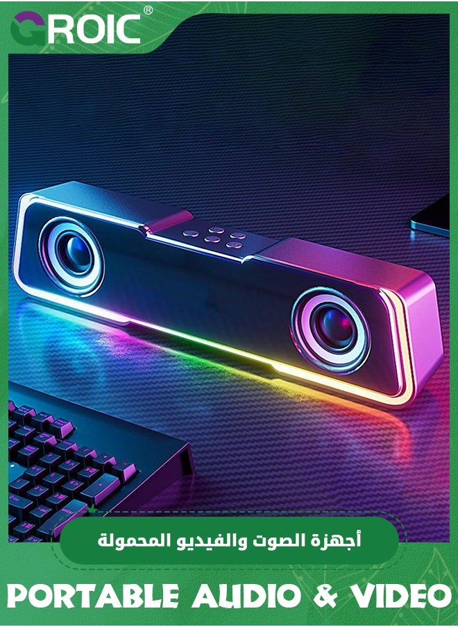 Black Portable Bluetooth Speakers,5.3 Colorful Lights Sound Wireless Bluetooth High Power Strip Long Dual Speaker with Subwoofer for Outdoor Home Video Desktop Speaker Bar TV Karaoke Party Sound