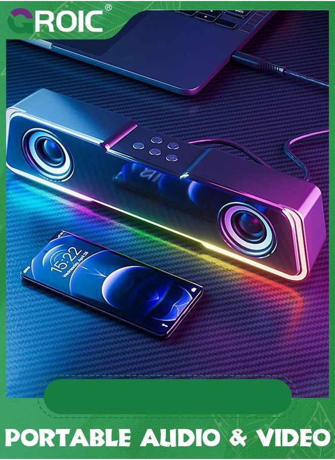 Black Portable Bluetooth Speakers,5.3 Colorful Lights Sound Wireless Bluetooth High Power Strip Long Dual Speaker with Subwoofer for Outdoor Home Video Desktop Speaker Bar TV Karaoke Party Sound