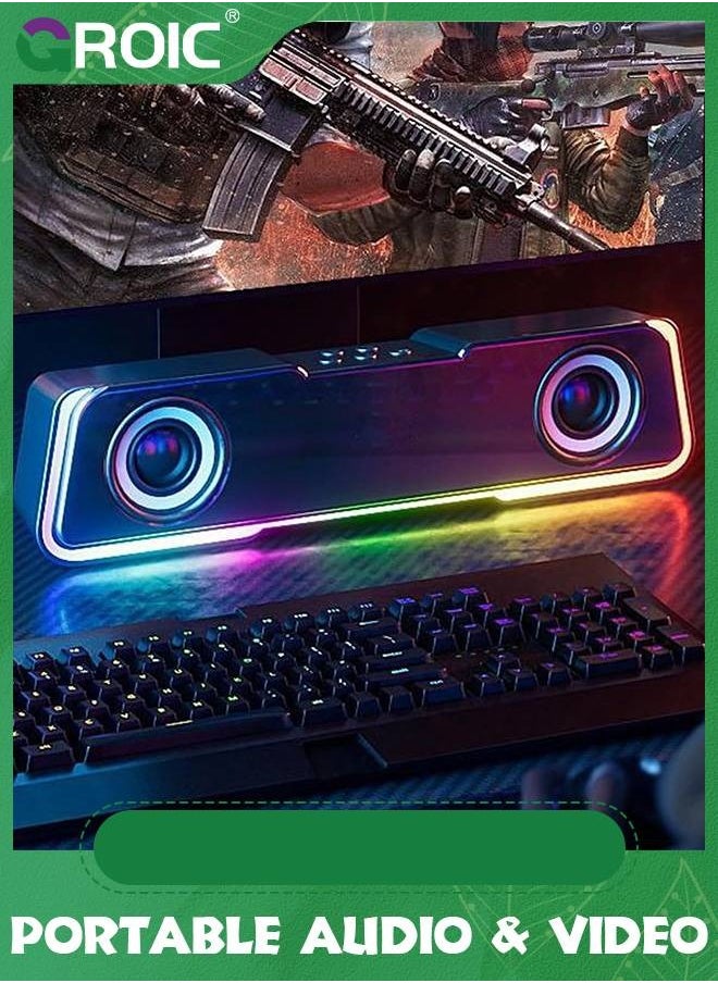 Black Portable Bluetooth Speakers,5.3 Colorful Lights Sound Wireless Bluetooth High Power Strip Long Dual Speaker with Subwoofer for Outdoor Home Video Desktop Speaker Bar TV Karaoke Party Sound