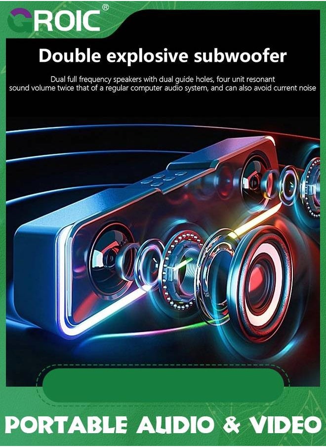 Black Portable Bluetooth Speakers,5.3 Colorful Lights Sound Wireless Bluetooth High Power Strip Long Dual Speaker with Subwoofer for Outdoor Home Video Desktop Speaker Bar TV Karaoke Party Sound