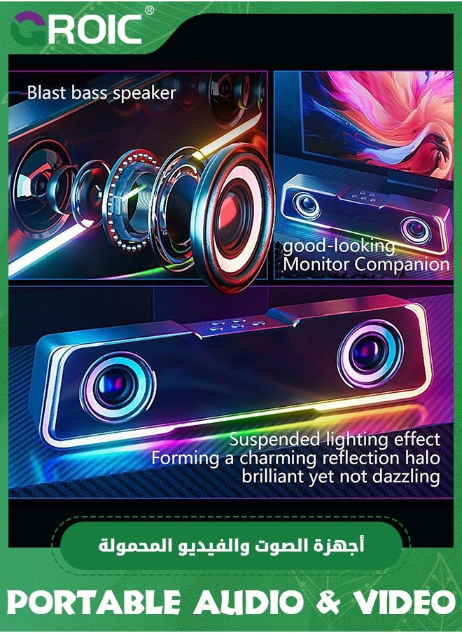 Black Portable Bluetooth Speakers,5.3 Colorful Lights Sound Wireless Bluetooth High Power Strip Long Dual Speaker with Subwoofer for Outdoor Home Video Desktop Speaker Bar TV Karaoke Party Sound