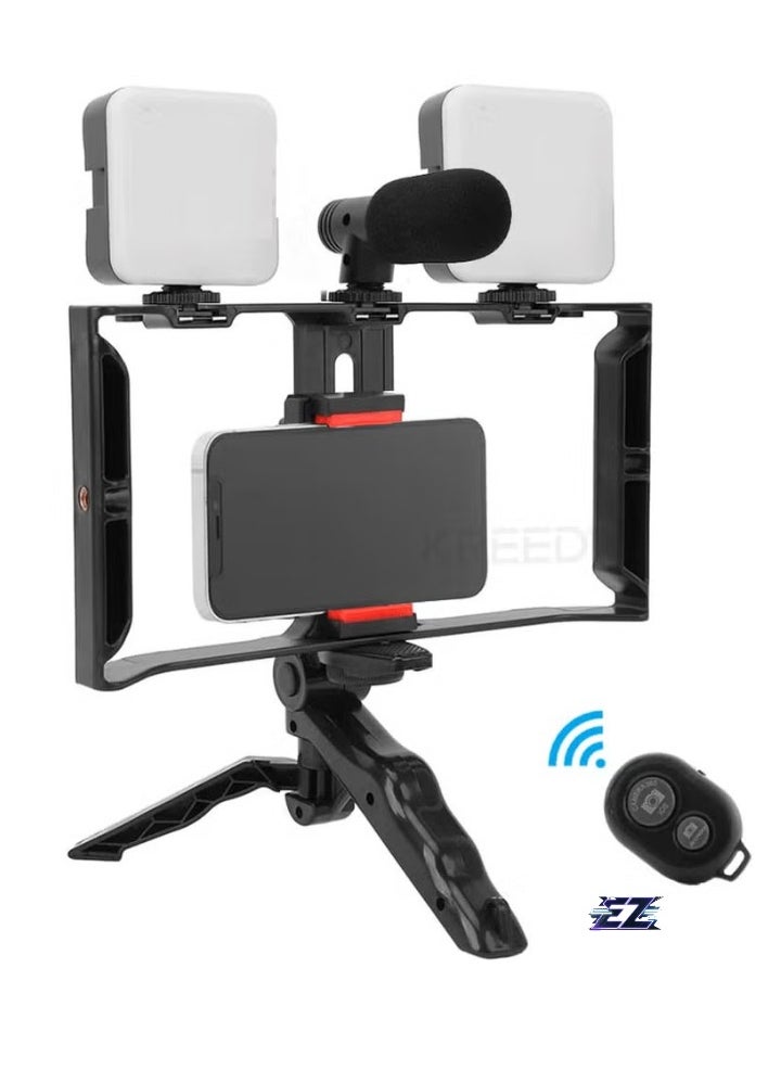 Multi-Purpose Adjustable All-in-One Video Making Kit with 2 LED Lights, Grips, and Microphone – Ideal for Vlogging, Live Streaming, and Content Creation – Professional Quality Setup for Clear Videos and Audio