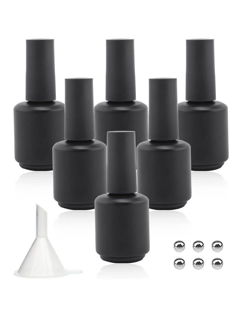 Empty Gel Nail Polish Bottles, 15ML Empty Nail Polish Bottles with Brush Matte Black, Opaque Round Refillable Fingernail Polish Bottles UV Safe with Mixing Balls & Funnels, Pack of 6 (Matte Black)
