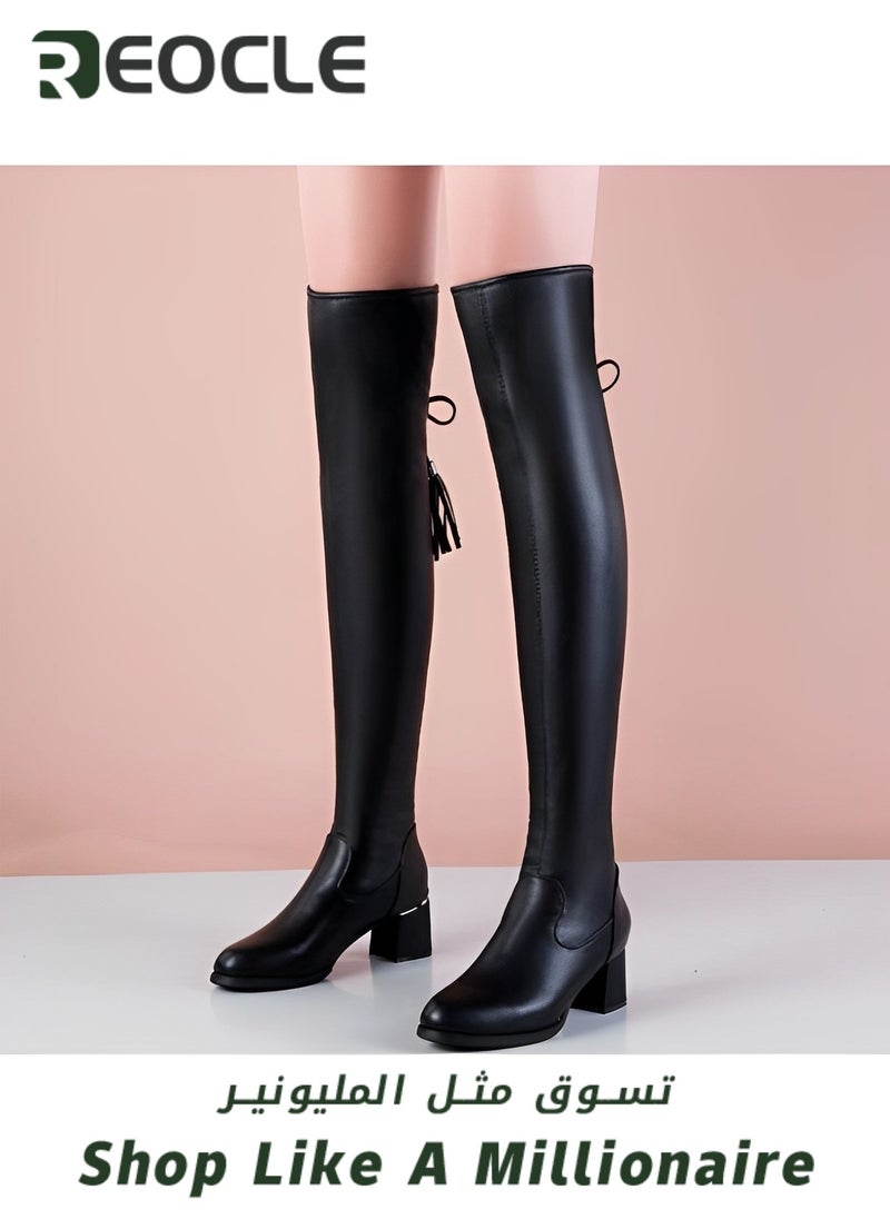 Long Boots  for Women Soft Leather Stretch Boots Slimming Tall Leather Boots with Sharp Toes Fashionable Thick Heels Over-the-knee Boots with Lace-up Design