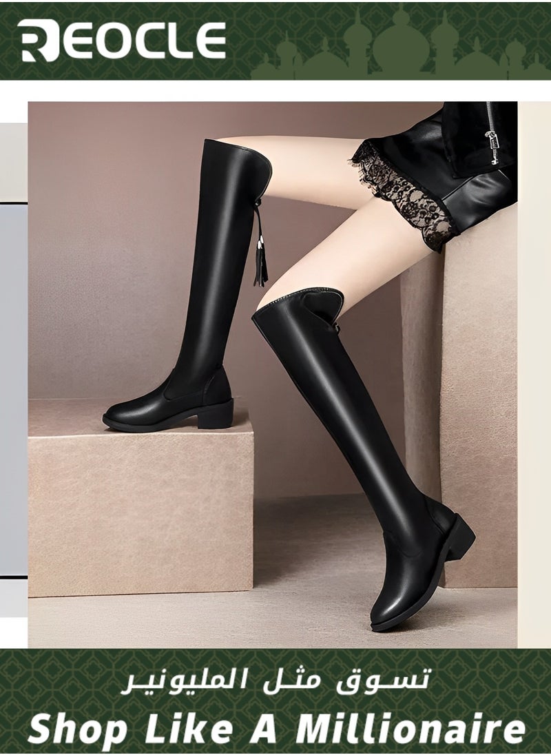 Long Boots  for Women Soft Leather Stretch Boots Slimming Tall Leather Boots with Sharp Toes Fashionable Thick Heels Over-the-knee Boots with Lace-up Design