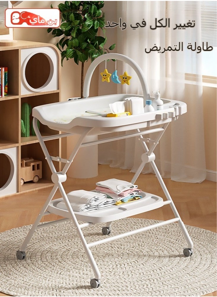 Water-Proof Baby Changing Table with Wheels, Foldable Adjustable Height Diaper Changing Tables with Changing Pad & Storage Rack Diaper Station for Newborn Baby and Infant