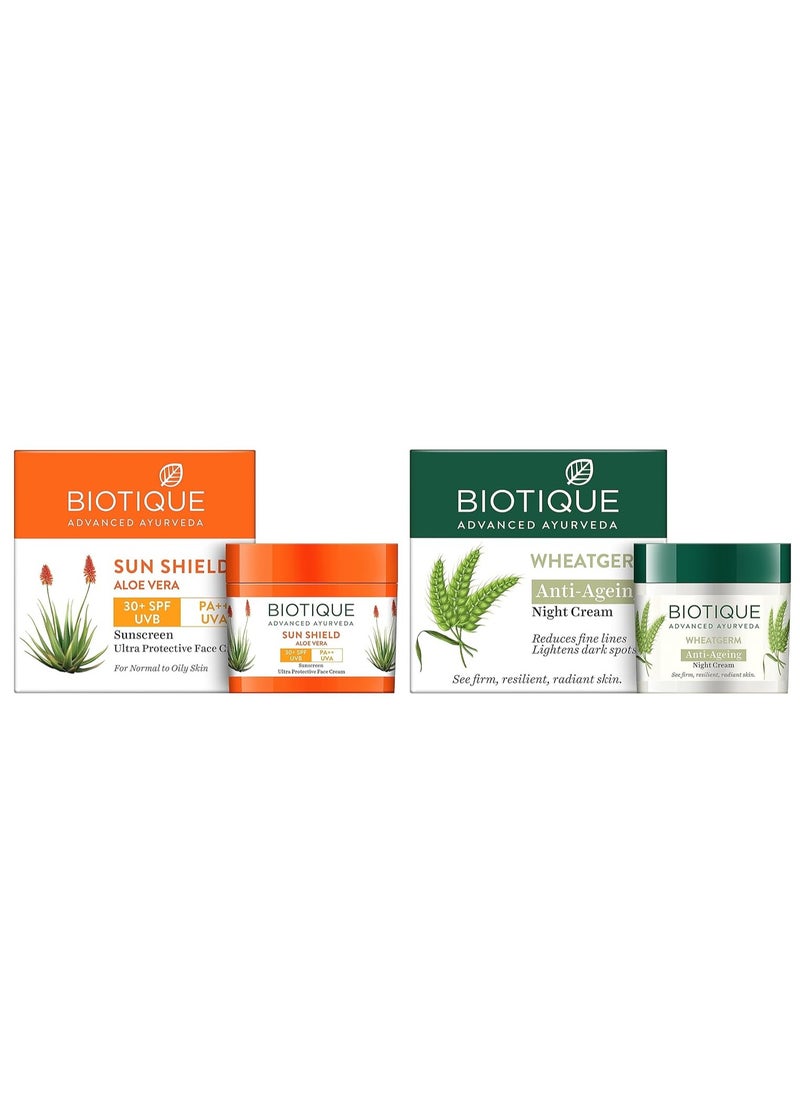 Biotique Sun Shield Aloe Vera Spf 30+ Uvb Sunscreen For All Skin Types Ultra Protectective Face Cream, 50G & Wheat Germ Anti- Ageing Night Cream Reduces Fine Lines Lightens Dark Spots, 50G, 2 count