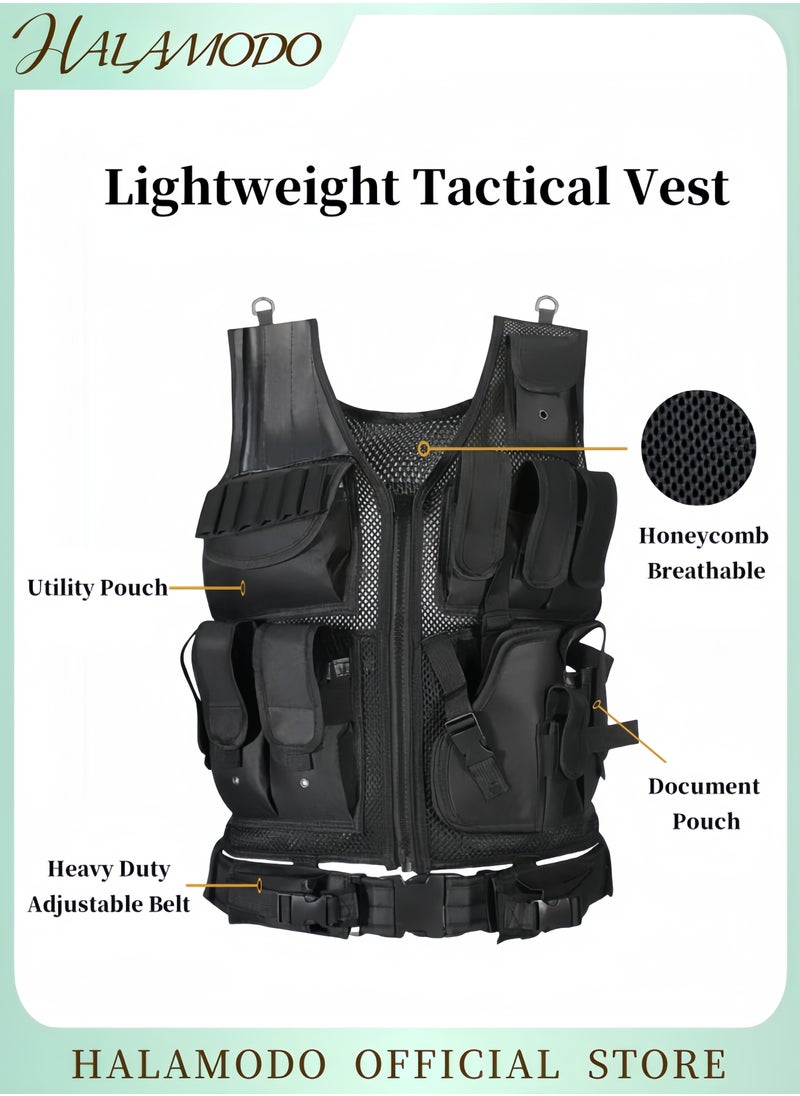 Multifunctional Tactical Vest Lightweight Breathable Mesh Polyester Sports Vest Combat Training CS Game Vest Outdoor Training Vest with Adjustable Belt & Shoulder Straps