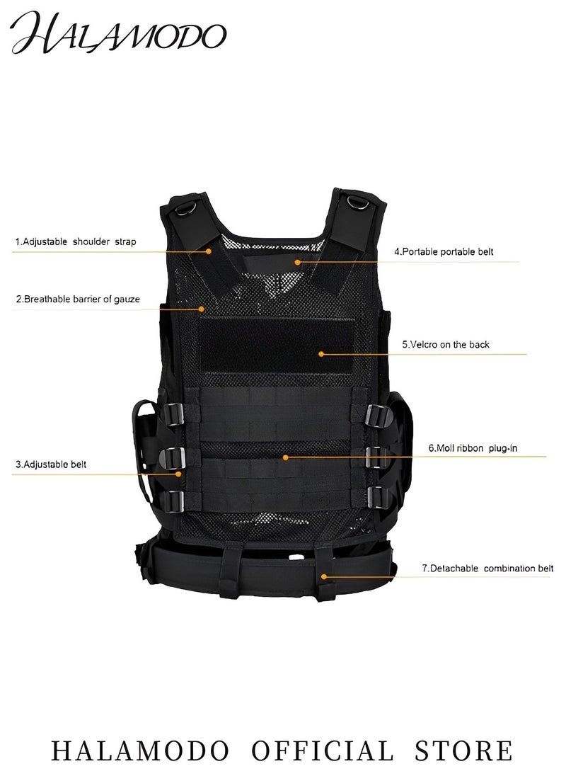 Multifunctional Tactical Vest Lightweight Breathable Mesh Polyester Sports Vest Combat Training CS Game Vest Outdoor Training Vest with Adjustable Belt & Shoulder Straps