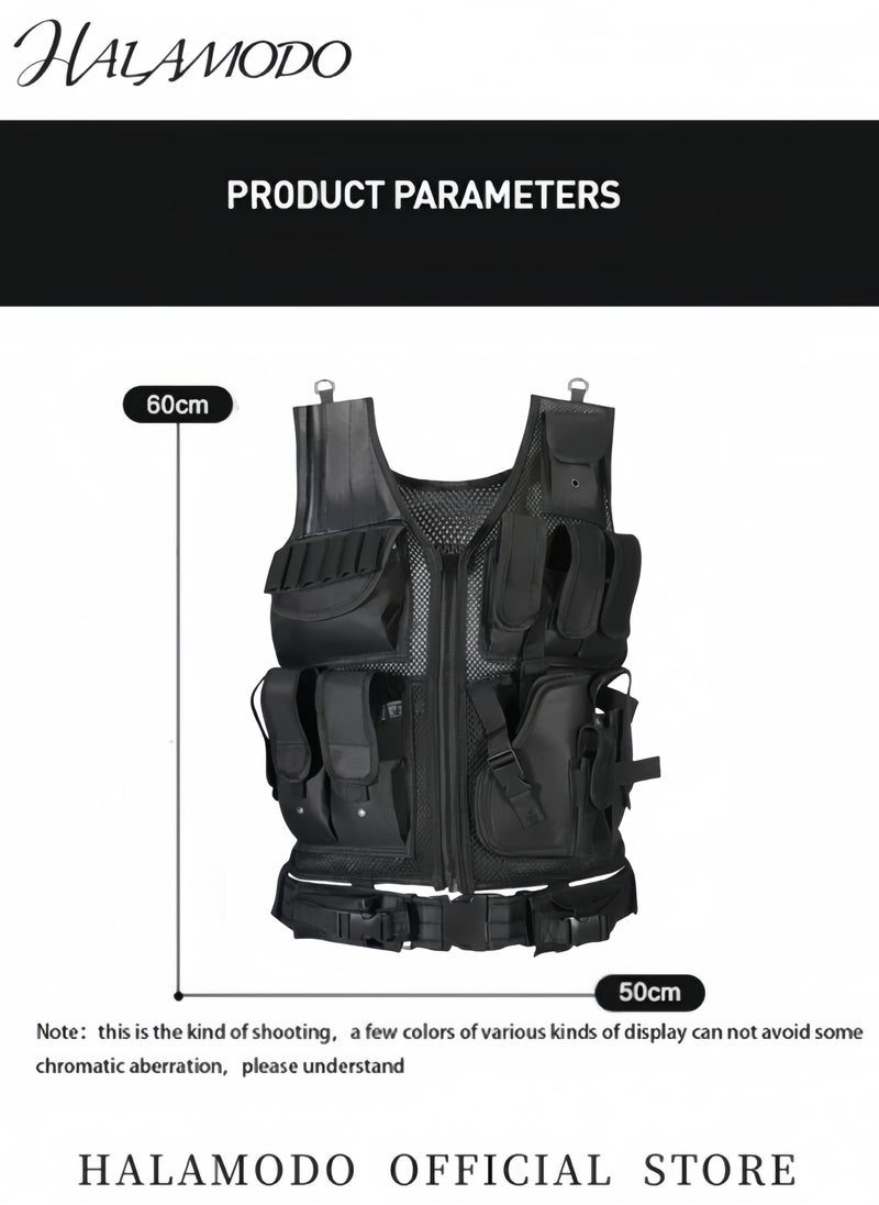 Multifunctional Tactical Vest Lightweight Breathable Mesh Polyester Sports Vest Combat Training CS Game Vest Outdoor Training Vest with Adjustable Belt & Shoulder Straps