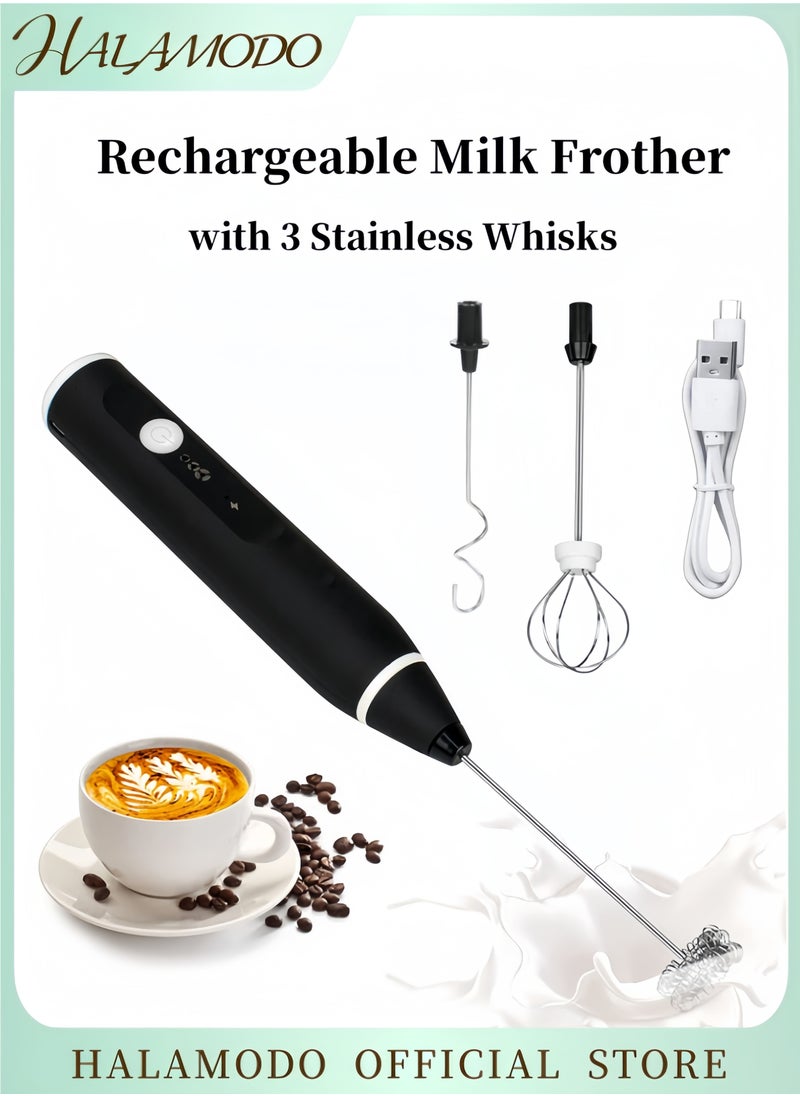 Rechargeable Milk Frother with 3 Stainless Whisks Handheld Multi-functional Electric Foam Maker Strong Blender 3-Speed Adjustable Mini Milk Foamer for Coffee & Egg & Cream Whipping