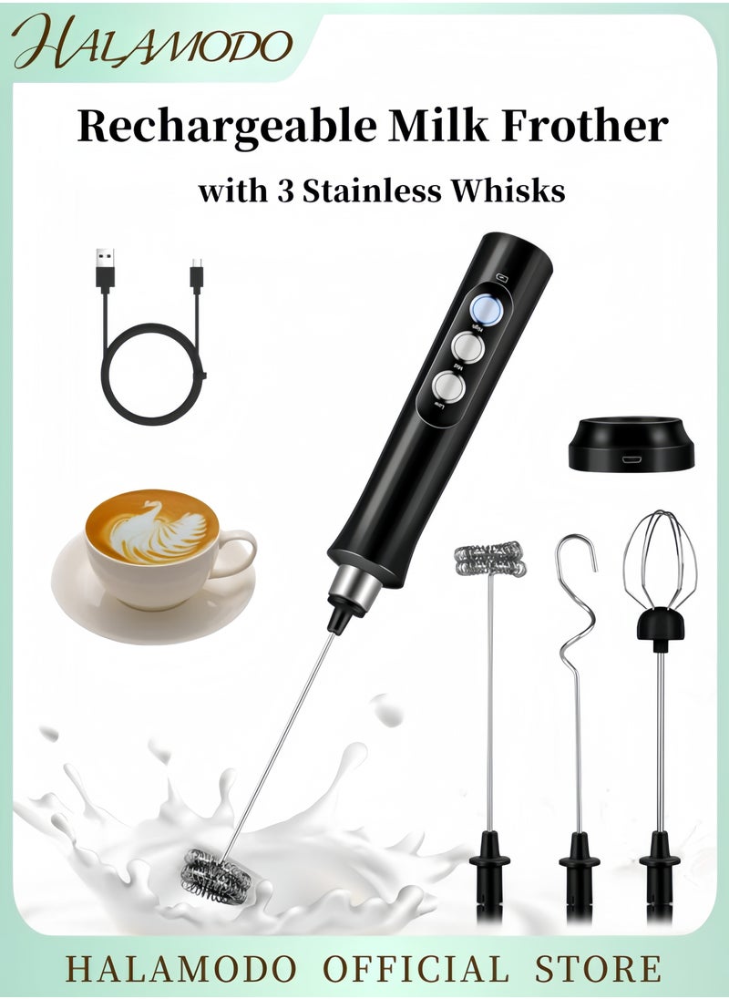 Rechargeable Milk Frother with 3 Stainless Whisks Handheld Multi-functional Electric Foam Maker Strong Blender 3-Speed Adjustable Mini Milk Foamer for Coffee & Egg & Cream Whipping