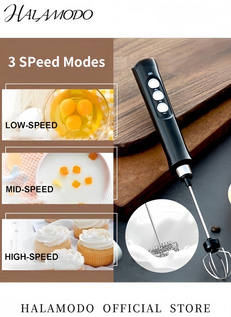 Rechargeable Milk Frother with 3 Stainless Whisks Handheld Multi-functional Electric Foam Maker Strong Blender 3-Speed Adjustable Mini Milk Foamer for Coffee & Egg & Cream Whipping