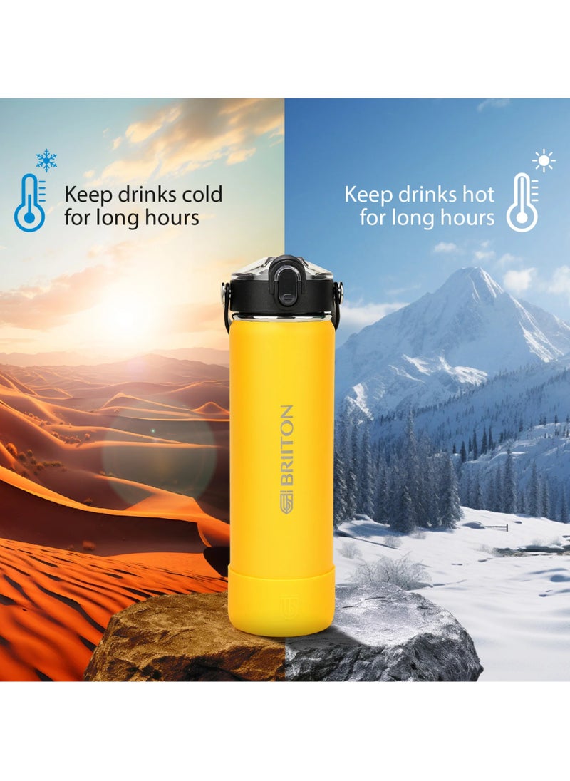 Nero S 750ml Yellow Stainless Steel Water Bottle | Copper Coated Vacuum Insulation | Powder Coated | Secure Grip | Leakproof Easy Pour Cap | Hot & Cold Thermos | Aqua Hydro