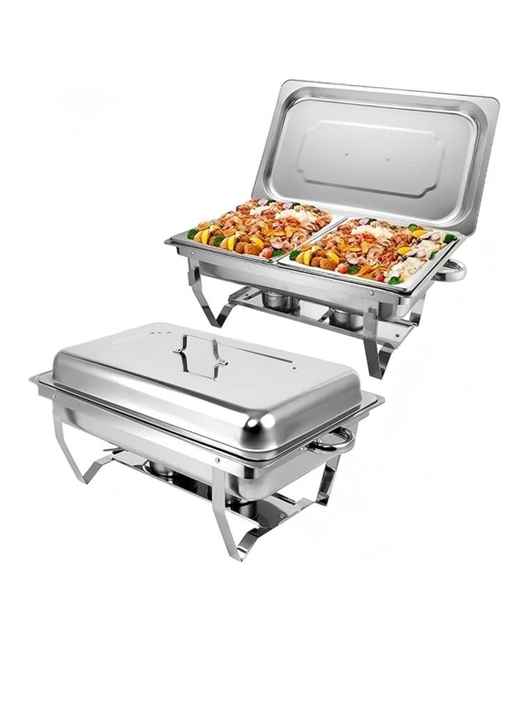 Double Compartment Stainless Steel Hot Pot with Fuel Rack Foldable Frame Buffet Server and Warmer Catering Food Warming Tray with Cover Suitable for Party Wedding Banquet and Event