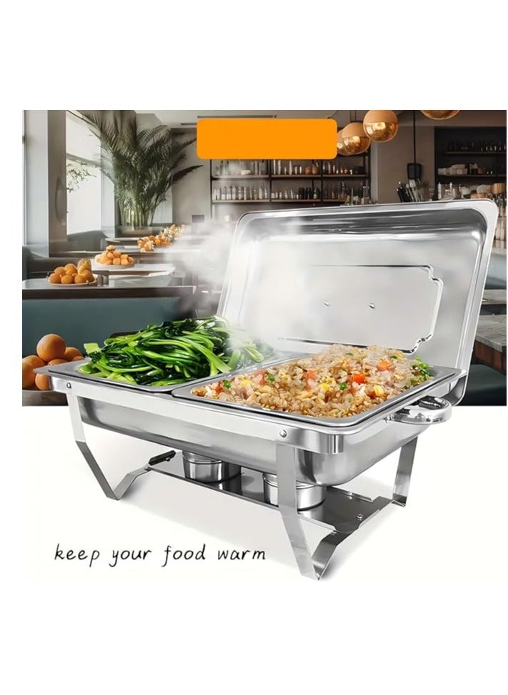 Double Compartment Stainless Steel Hot Pot with Fuel Rack Foldable Frame Buffet Server and Warmer Catering Food Warming Tray with Cover Suitable for Party Wedding Banquet and Event