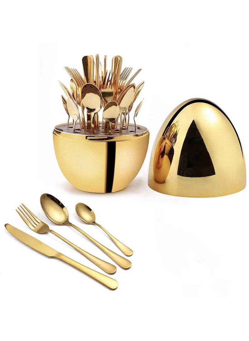 24-Piece Gold-Plated Stainless Steel Cutlery Set, Dinnerware Set for 6 with Knives, Forks, Spoons, Teaspoons, and Spoon Holder, Elegant Flatware for Dining, Dishwasher-Safe - Gold