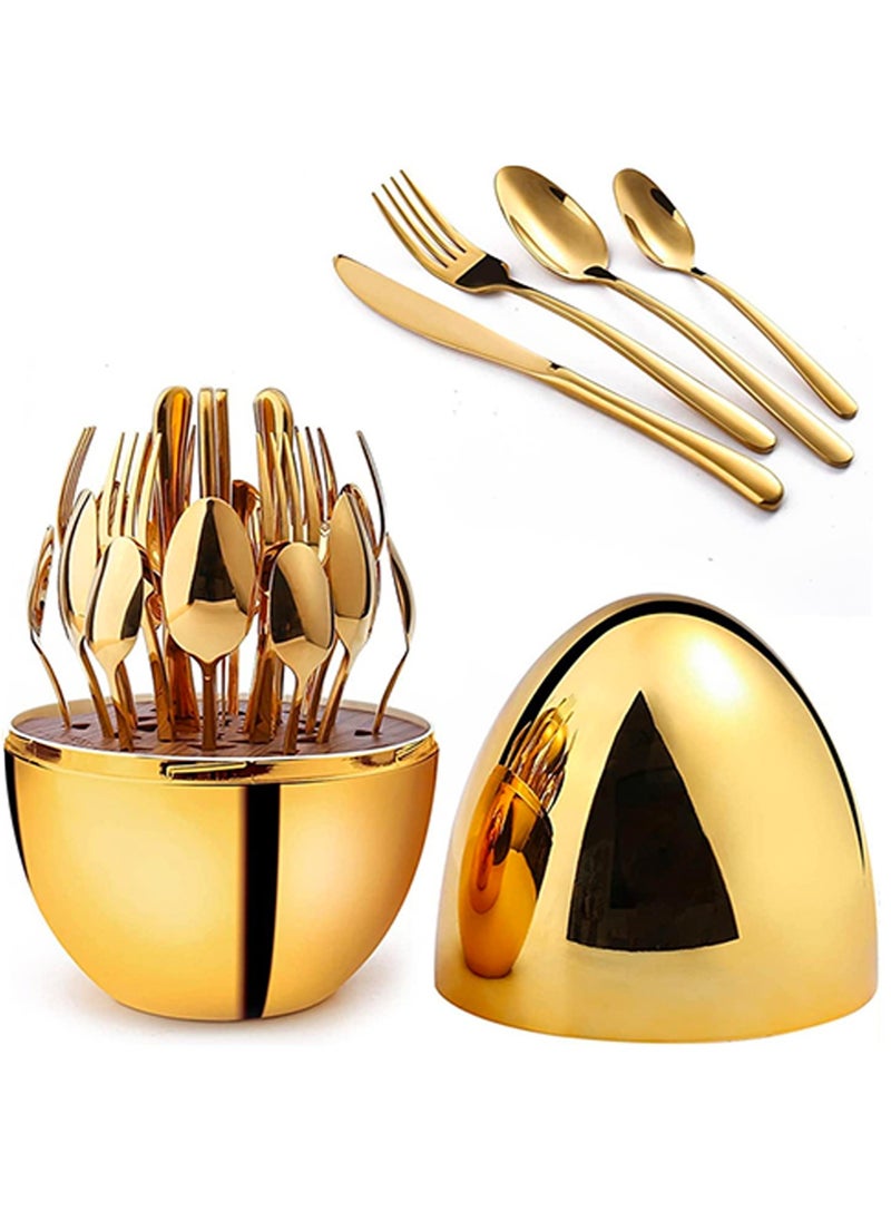 24-Piece Gold-Plated Stainless Steel Cutlery Set, Dinnerware Set for 6 with Knives, Forks, Spoons, Teaspoons, and Spoon Holder, Elegant Flatware for Dining, Dishwasher-Safe - Gold