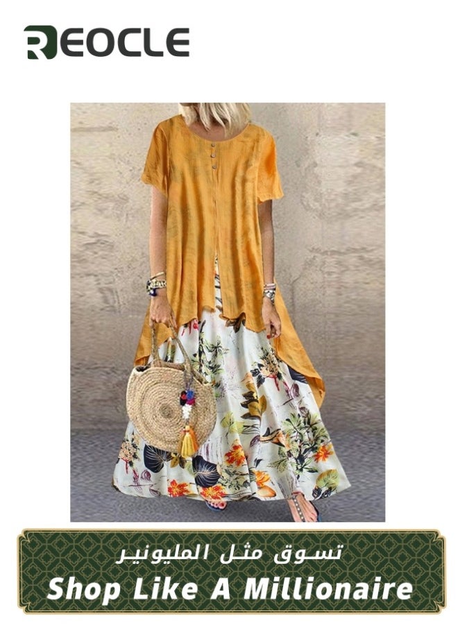 Women's Linen Dress 2 Piece Outfit  Floral Sleeveless Loose Maxi Summer Dresses Short Sleeve Loose Dress Floral Dresses