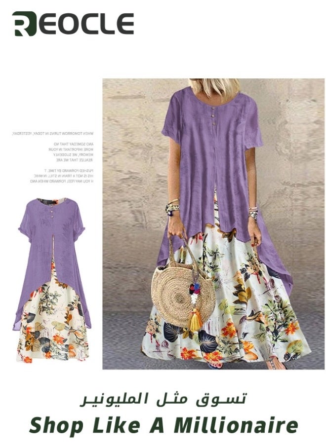 Women's Linen Dress 2 Piece Outfit  Floral Sleeveless Loose Maxi Summer Dresses Short Sleeve Loose Dress Floral Dresses