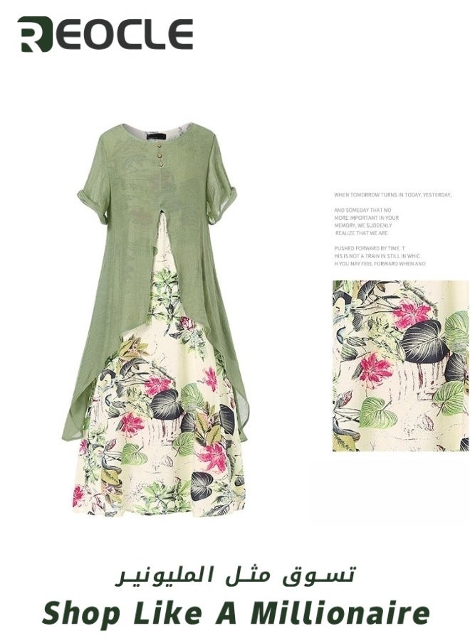 Women's Linen Dress 2 Piece Outfit  Floral Sleeveless Loose Maxi Summer Dresses Short Sleeve Loose Dress Floral Dresses