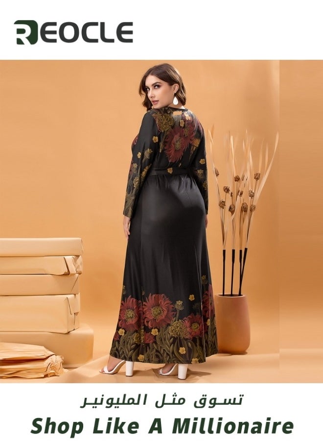 Women's Long Sleeve Maxi Dresses Plus Size Floral Printed Crewneck Casual Dress Tie Waisted Summer Long Dress