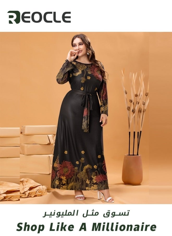 Women's Long Sleeve Maxi Dresses Plus Size Floral Printed Crewneck Casual Dress Tie Waisted Summer Long Dress