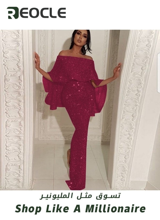 Women's Off Shoulder Sequined Dress Party Cocktail Evening Prom Gown Mermaid Maxi Long Dress Bodycon Mermaid Cape Dress