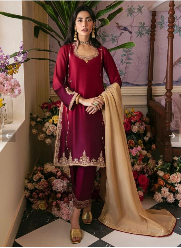 Woman's Trending Fashion's Striking Deep Red & Maroon Silk Dress with Matching Silk Dupatta – Elegant Party Wear