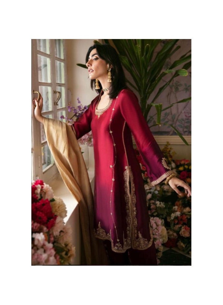 Woman's Trending Fashion's Striking Deep Red & Maroon Silk Dress with Matching Silk Dupatta – Elegant Party Wear