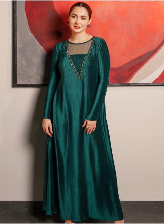 Woman's Elegant Green Silk Wedding Function Dress with Embellished Organza Insert & Tapered Sleeves