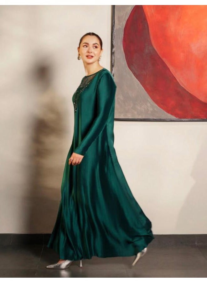 Woman's Elegant Green Silk Wedding Function Dress with Embellished Organza Insert & Tapered Sleeves